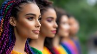 Young African American women with colorful braids and natural makeup stand in line, showcasing diversity and unity. Rainbow colors in their clothing create vibrant harmony against blurred background.