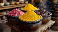 Aromatic spices in rustic clay bowls, featuring vibrant turmeric powder, pink Himalayan salt and black peppercorns on wooden surface with steam rising in dark setting.