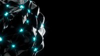 Abstract polygonal network with glowing blue nodes on black background for technology and digital communication concepts.