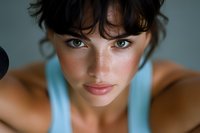 Young woman with freckles and dark hair in light blue tank top looking directly at camera with intense gaze against blurred background. Close-up portrait shows natural beauty.