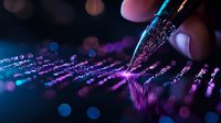 Glowing fountain pen nib creating magical light trails with purple and blue bokeh effects on dark background, artistic macro photography for creative writing concepts.