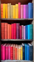 Colorful books arranged in rainbow order on wooden shelves, creating vibrant spectrum from red through pink to blue. Collection of hardcover volumes displays ombre effect.
