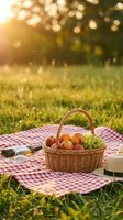 Wicker basket with peaches and grapes on red checkered blanket in sunny meadow, wine bottle and straw hat beside it at golden hour.