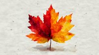 Vibrant watercolor maple leaf in autumn colors of red, orange, and yellow on textured paper background, casting subtle shadow.