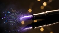 Futuristic fiber optic cable with glowing digital data streams and circuit patterns emanating purple light against dark background with bokeh effects.