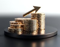 Stacks of golden coins with upward arrow showing financial growth and investment success on dark background, suitable for business and finance concepts.