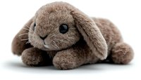 Soft plush brown bunny rabbit toy lying down on white background, isolated stuffed animal with floppy ears and black button eyes for product photography.