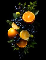 Fresh citrus fruits with dark blueberries and evergreen branches on black background, creating dramatic contrast for food photography and design.