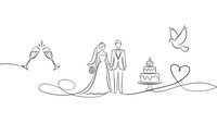 Wedding celebration continuous line drawing with bride groom cake champagne glasses dove and heart symbols for romantic event invitations.