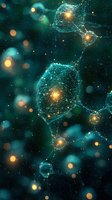 Abstract network of glowing turquoise cellular structures with golden light points on dark background, connected by luminous threads in cosmic space.