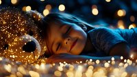 Young girl sleeping peacefully with glittering teddy bear amid warm bokeh lights creating magical nighttime atmosphere.