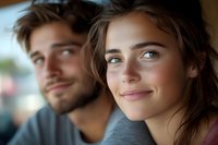 Young Caucasian couple sharing tender moment together, close up portrait with soft natural lighting showing genuine smiles and emotional connection for lifestyle and relationship content.