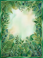 Botanical frame with lush green foliage, ferns, and leafy branches arranged around a luminous cream center. Isolated design element ready for invitations, posters, and greeting cards.
