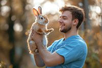 Young Caucasian veterinarian in blue scrubs holding adorable fluffy rabbit outdoors during sunset, sharing joyful moment with pet in natural environment.