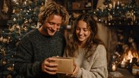 Young couple exchanging Christmas gift by decorated tree with warm fireplace glow. Holiday celebration, romantic winter evening at home with festive lights.