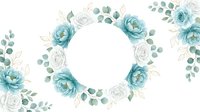Elegant floral wreath with turquoise and white roses, eucalyptus leaves on transparent background. Wedding invitation, greeting card design element.