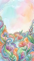Pastel watercolor floral art with swirling waves, colorful blooms, and decorative leaves on a soft gradient background for cards and prints.