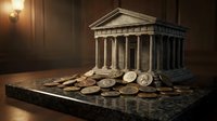 Ancient Greek temple model with scattered golden coins on marble surface representing classical architecture, finance, banking, investment and wealth management concepts.