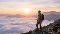 Male hiker with backpack standing on mountain ridge at sunrise above clouds, adventure travel and outdoor exploration concept for hiking and trekking.
