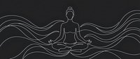 Minimalist line art meditation figure in lotus pose with flowing energy waves on dark background for wellness and mindfulness designs.