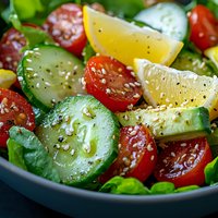 Fresh summer salad with sliced cucumbers, cherry tomatoes, lemon wedges and sesame seeds on dark plate, close up view of healthy vegetarian meal.