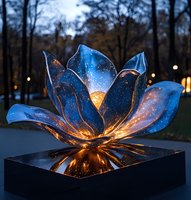 Glowing lotus flower sculpture with cosmic galaxy pattern in deep blue and gold, illuminated from within against twilight park background. Art installation creates magical ambiance.