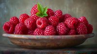 Fresh ripe raspberries with green mint leaf in vintage metal plate on rustic wooden table, moody natural lighting creates appetizing food composition.