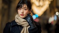Young Asian woman in winter coat and beige scarf walking through illuminated city street at night with warm bokeh lights creating atmospheric urban scene.