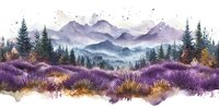 Dreamy mountain landscape with purple lavender field in foreground and misty pine forest, watercolor style artwork showing layered peaks and atmospheric perspective.