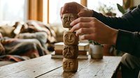 Artisan hands carefully stacking handcrafted wooden face sculptures on rustic table in warm sunlit workshop. Traditional woodworking craftsmanship and artistic creation.