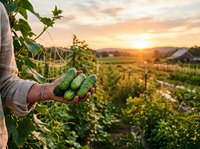 Farmer holding fresh cucumbers in hands at sunset in organic vegetable garden with golden light streaming through plants and countryside background.