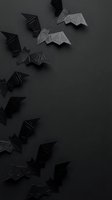 Black origami paper bats flying across dark background creating spooky Halloween decoration pattern with geometric folded craft animals for seasonal design.