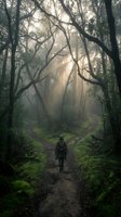 Lone hiker walking through misty enchanted forest with dramatic sunbeams filtering through twisted tree branches and lush green moss covered ground.