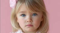 Young blonde girl with bright blue eyes and pink bow in hair against soft pink background, gentle lighting creates dreamy portrait mood.