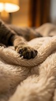 Cozy cat paw resting on a soft fluffy blanket in warm home interior light, capturing comfort and relaxation of a domestic pet.