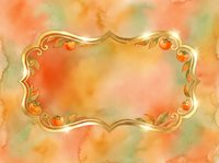 Ornate golden frame with decorative flourishes on watercolor background in warm orange, peach and sage tones. Isolated design element suitable for invitations, greeting cards and digital projects.