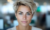Young Caucasian woman with short blonde pixie haircut and natural makeup smiling confidently at camera in modern office environment. Professional headshot with soft bokeh background.