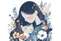 Young Asian woman and child surrounded by delicate floral elements in soft blue and peach tones, expressing tender maternal love and care. Artistic illustration style.