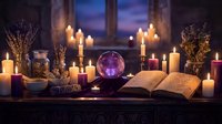 Mystical altar setup with glowing crystal ball, open spell book, lit candles, dried herbs and twilight window backdrop for occult, witchcraft and spiritual practices.