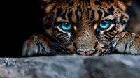 Leopard cub with striking blue eyes peering over rocky ledge. Wild cat portrait showcasing spotted fur pattern and intense gaze for wildlife photography.