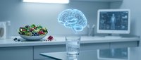 Brain health nutrition concept with holographic mind projection over glass of water and fresh salad in modern kitchen for wellness lifestyle.
