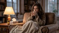 Woman with long dark hair, Caucasian ethnicity, sitting thoughtfully on armchair in cozy home library setting, wrapped in warm blanket, contemplative mood, interior design.