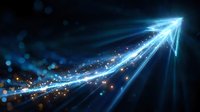 Glowing blue arrow made of light streams and sparkles moving upward on dark background with bokeh effect and magical particles for business growth concept.