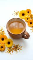 Ceramic mug filled with golden herbal tea surrounded by fresh yellow gerbera daisies and dried flower petals on white background, perfect for wellness and beverage marketing.