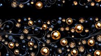 Luxurious black and gold floral pattern with shiny metallic spheres, glitter elements and curvy branches creates elegant ornamental design for luxury packaging.