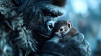 Tender moment between adult gorilla and baby monkey in mystical blue forest setting, showing nurturing behavior and unlikely animal friendship in nature.