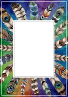 Colorful feather frame with white center space, featuring ornate tribal patterned feathers and peacock eyes on vibrant gradient background. Ready for text overlay, invitations, and design projects.