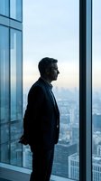 Mature Caucasian businessman in suit standing by office window overlooking city skyline at dawn, contemplating future business decisions and opportunities.