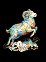 Ornate leaping ram with gold and teal floral patterns, clouds and mountains, isolated on transparent background. For stickers, sublimation, t-shirt design, clipart.