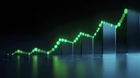 Glowing green dots forming ascending graph line over metallic bars showing business growth trend with dramatic lighting and reflective surface.